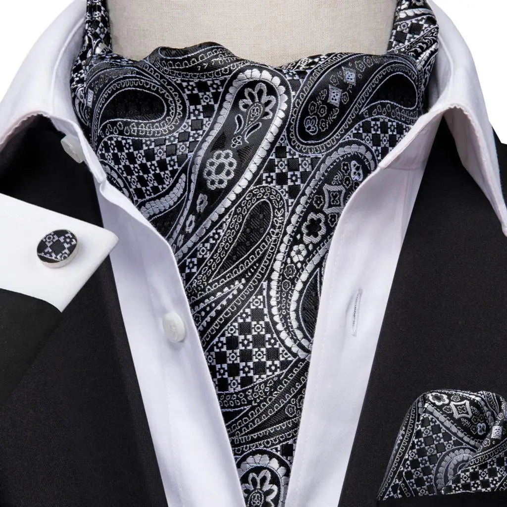 Hi-Tie Mens Ascot Black Pink Blue Red Gold Green Purple White Cravat Tie Hanky Cufflinks for Male Wedding Business Prom