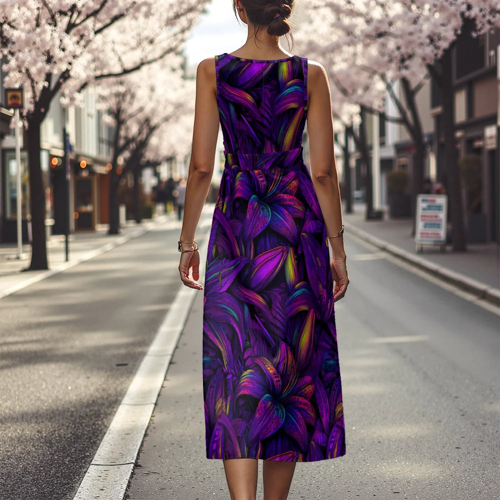 Elegant Floral Dress for Women Breathable A-Line Sleeveless Dress Chic Blue & White with Pink Blooms Office To Vacation Dress