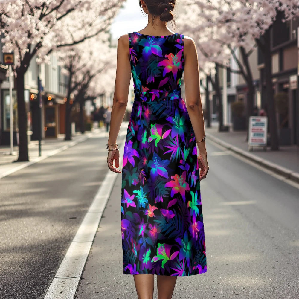 Elegant Floral Dress for Women Breathable A-Line Sleeveless Dress Chic Blue & White with Pink Blooms Office To Vacation Dress