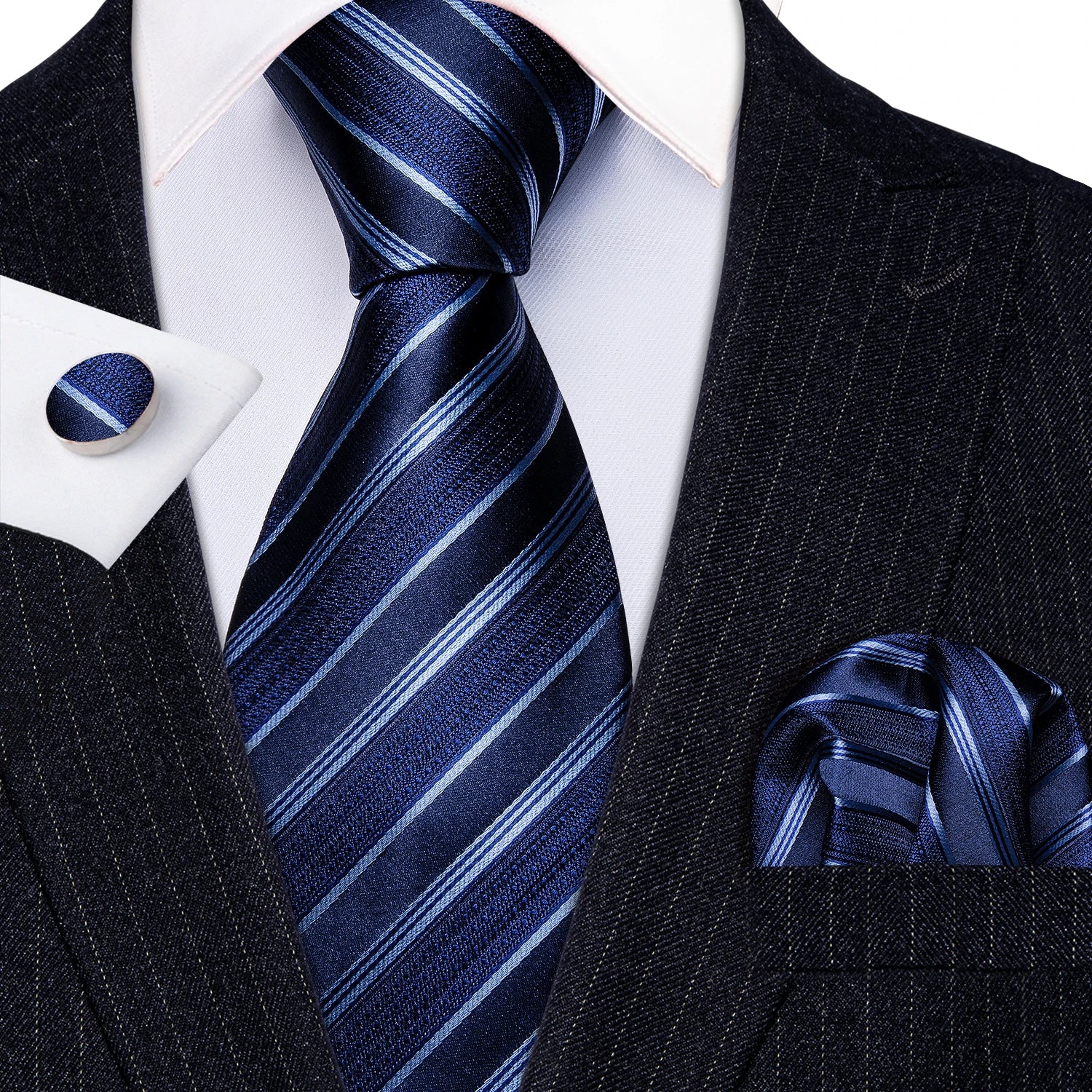 Male Luxury Neck Tie For Men Business Red Striped Tie Hanky Cufflinks Set Neckwear Wedding Party Casual