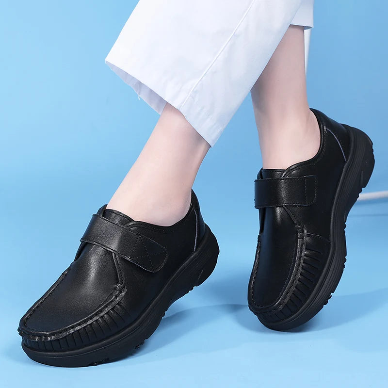 Women's Genuine Leather Nurse Shoes Soft Bottom Comfortable Breathable Anti-Slip Magic Tape Work Shoes Black White Spring Autumn