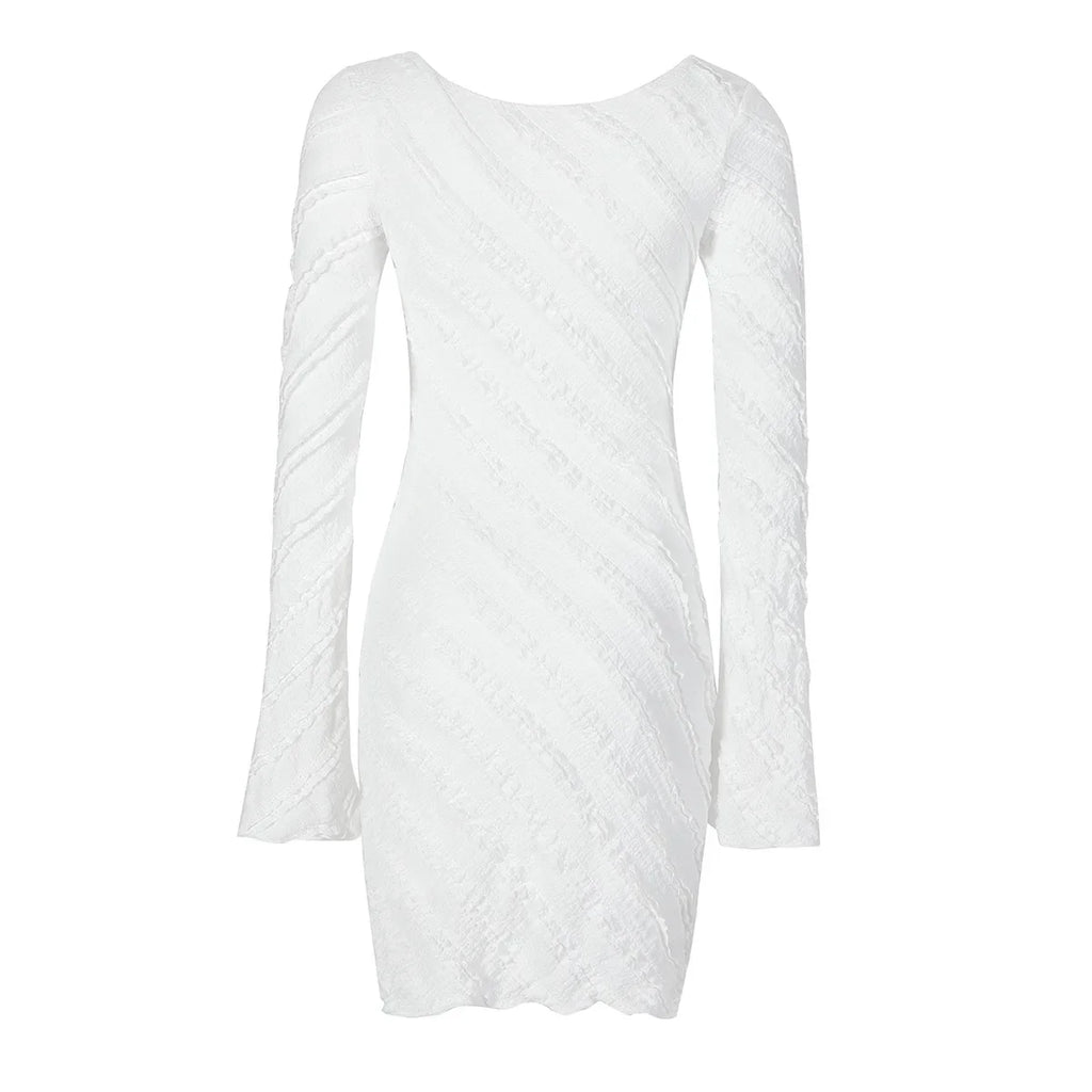 Women's Dress, White Knitted Fabric, Boat Collar A-word Short Skirt, Backless Lace-up.