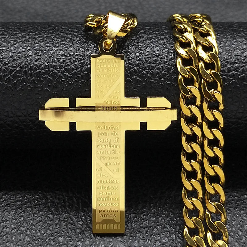Men's Cross Male Crucifix Long Necklace for Women Stainless Steel Gold Plated Christian Long Necklaces Biker Jewelry N2341S03