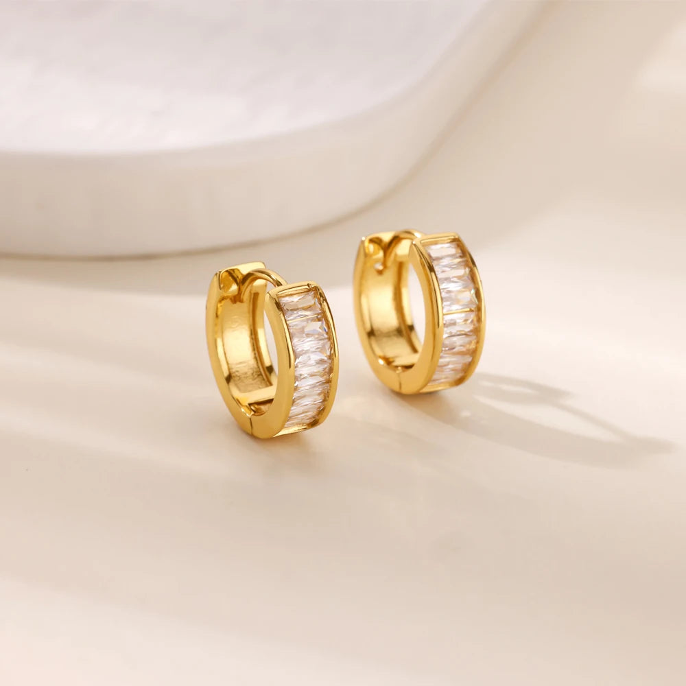 Cubic Zirconia Hoop Earrings For Women Luxury Crystal Zircon Gold Color Stainless Steel Earring Jewelry Wedding Party Gift