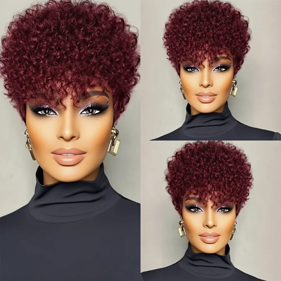Women'S Brazilian Remy Human Hair Wig -full machine made Natural Look Short Kinky Curly Afro Texture, Voluminous Curly Hair,