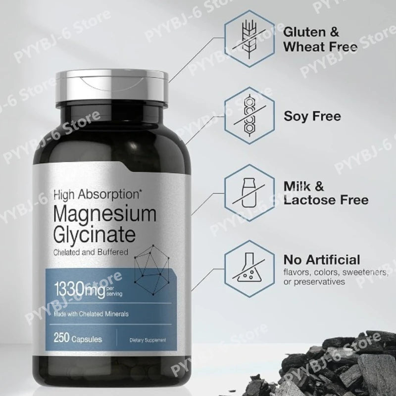 Magnesium Glycinate 1330mg (Elemental Magnesium) 250 Capsules Chelated Buffered Minerals Non-GMO Gluten Free Dietary Supplement