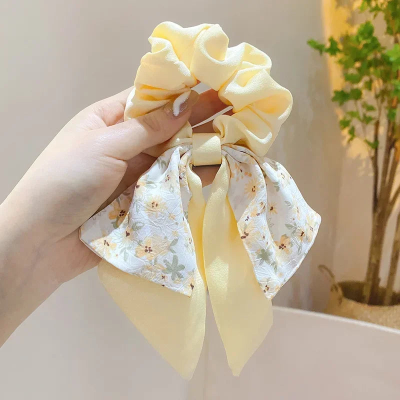 New Floral Print Bow Elastic Hair Bands Women Hair Ties Women Elegant Ribbon Rubber Band Headwear Girls Women  Hair Accessories