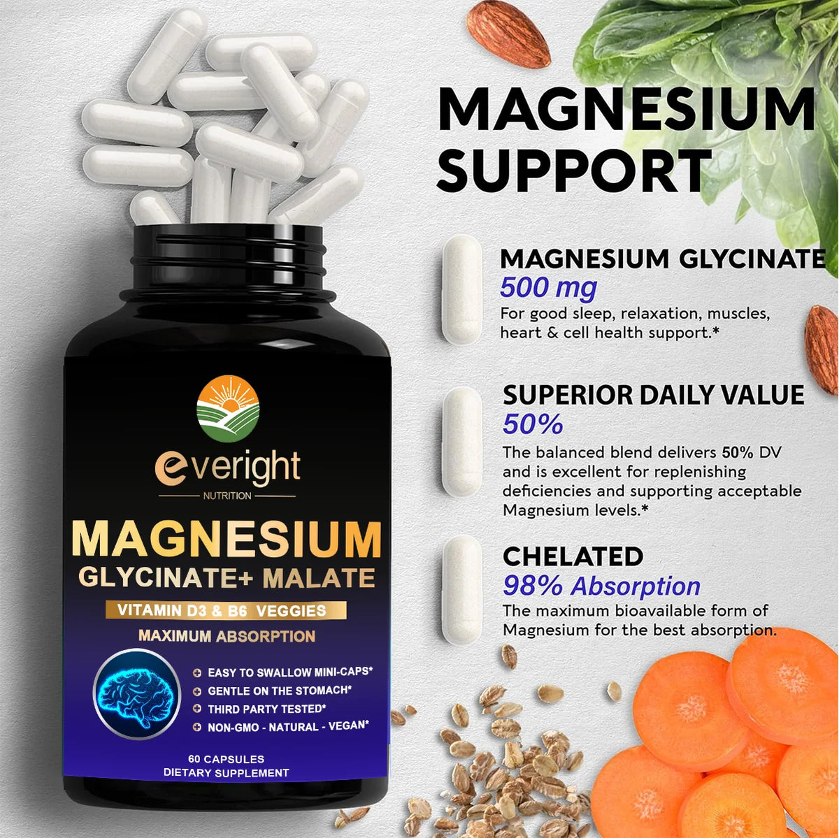 High Absorption Magnesium Glycinate - Supports Sleep, Mood, Muscles, Heart & Nervous System Health