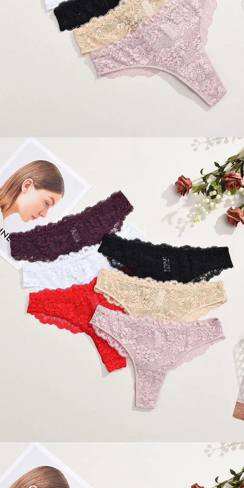 FINETOO 6Pcs/Set Perspective Lace Panties Hollow Out Low-waist Underwear Thongs Female Underpants Breathable Lingerie Intimates