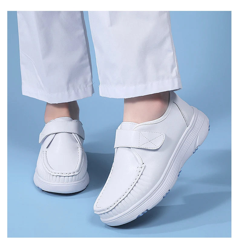 Women's Genuine Leather Nurse Shoes Soft Bottom Comfortable Breathable Anti-Slip Magic Tape Work Shoes Black White Spring Autumn