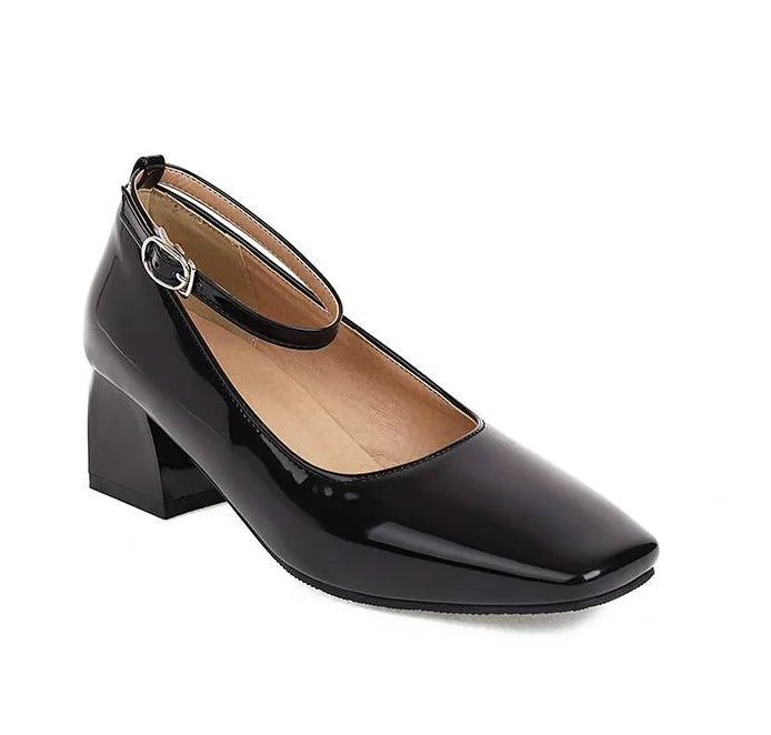 New Women's Red Black Mary Janes Shoes High Quality Leather Low Heel Dress Shoes Square Toe Shallow Buckle Strap Women's Shoes