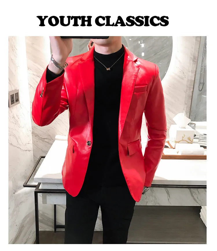 Men Casual Black White Suit Leather Jacket /Men Solid Color Business Suit Collar PU Blazers Dress Coat Fashion /New Men Clothing