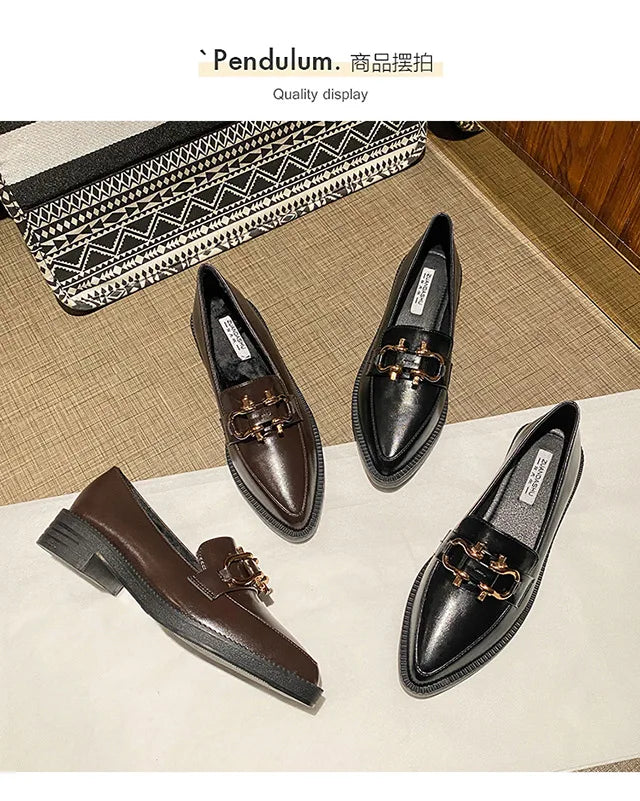 New Women Pointed Toe Leather Casual Shoes British Style Dress Shoes Fashion Cool Slip-on Loafers