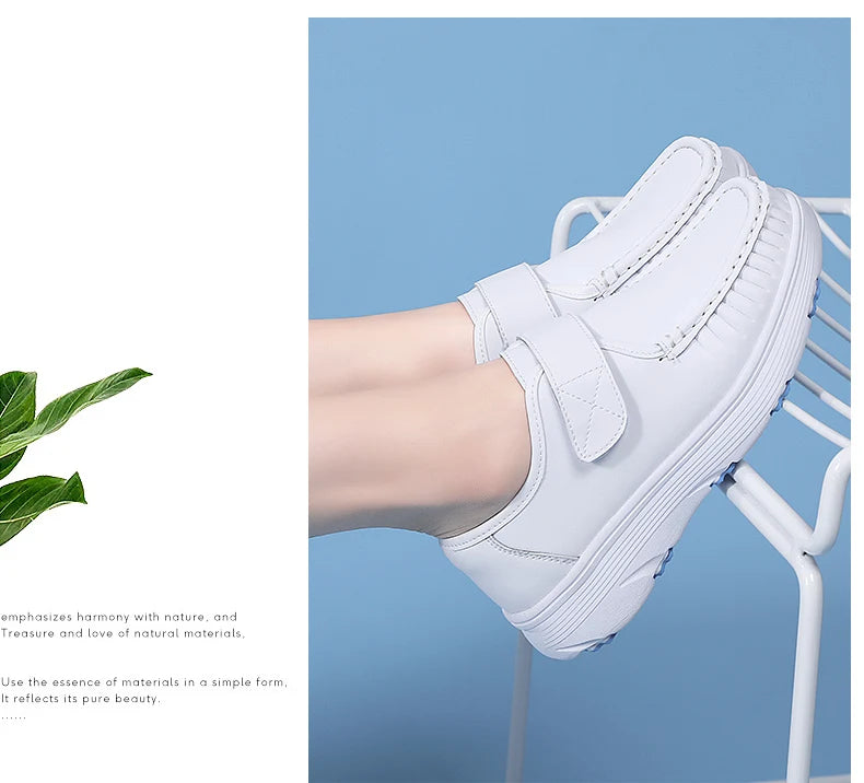 Women's Genuine Leather Nurse Shoes Soft Bottom Comfortable Breathable Anti-Slip Magic Tape Work Shoes Black White Spring Autumn