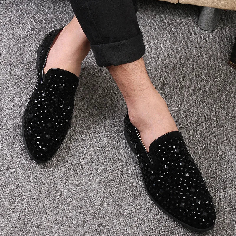 Dress Shoes for Men Luxury Pointed Toe Black Loafers Denim Metal Sequins Shoes Fashion High Quality Men Party Wedding Shoes New