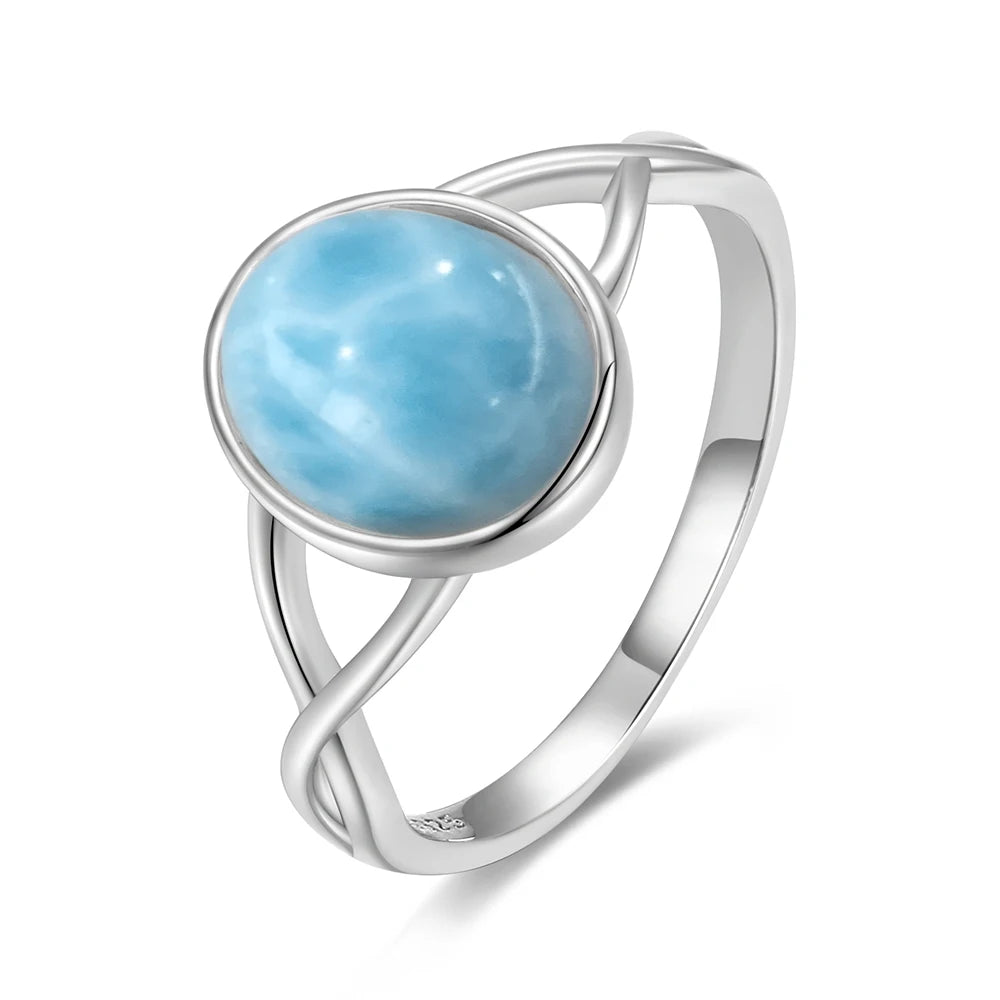 Vintage 925 Silver Ring Natural Larimar Stone Ring Round Flower Shape Sky Blue Summer Ring Fine Jewelry Gift for Men Women