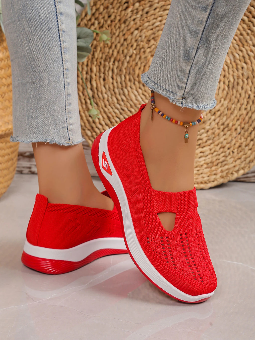 Women's shoes Solid Color Breathable Sneakers, casual sneaker women's summer sneakers, Low-top Knitted Casual Shoes Mom Shoes