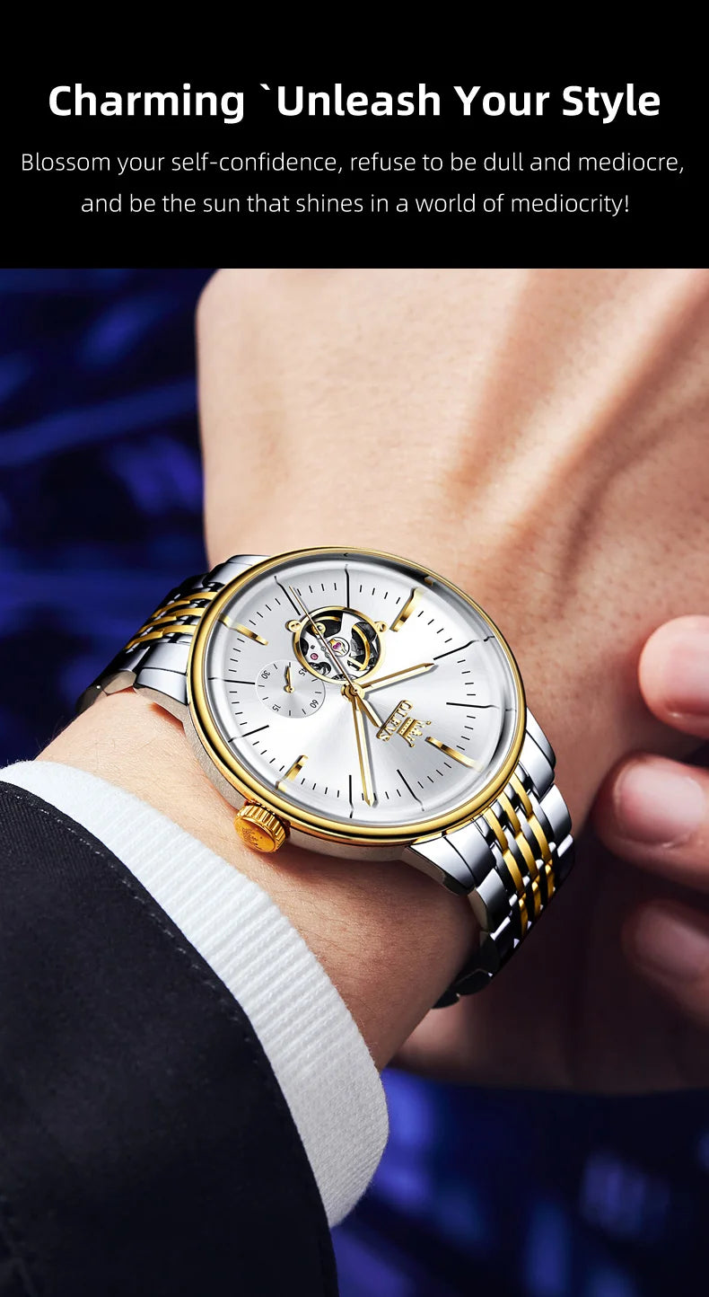 OLEVS 6708 Mechanical Watch for Men Fashion Arched Glass Automatic Men's Watches Hollow Simple Luxury Brand Original Man Watch