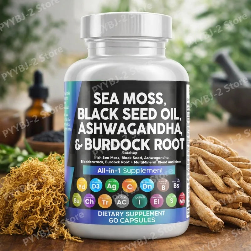 Sea Moss Capsules Contain Black Seed Turmeric & Vitamin D Plant-Based Daily Mineral  All in One Supplement 60 Count Per Bottle