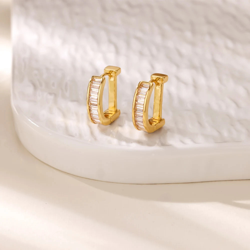 Cubic Zirconia Hoop Earrings For Women Luxury Crystal Zircon Gold Color Stainless Steel Earring Jewelry Wedding Party Gift