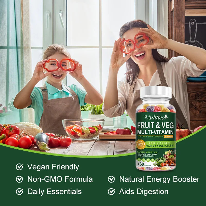 Mulittea Natural Vegetable & Fruit Gummies Anti-Constipation Detox Daily Fruit Help Digestion Multiple Vitamins Supplement