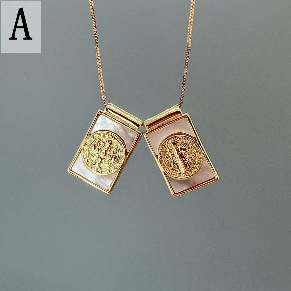 Religious Saint Benedict Cross Guadalupe Necklaces Female Metal Gold Natural Sea Shell Pendant Jewelry For Women