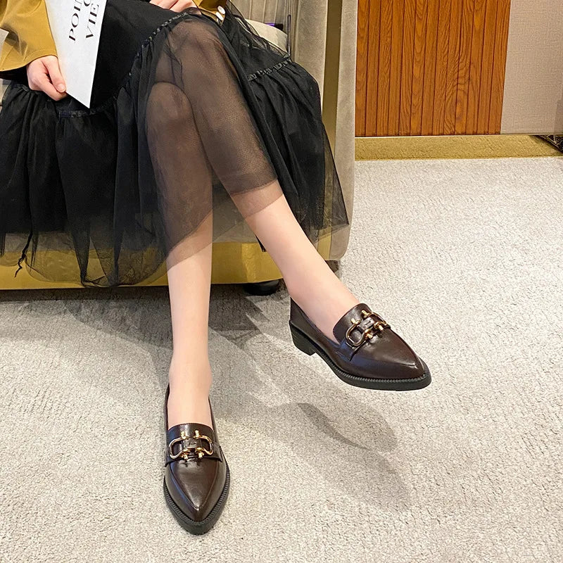 New Women Pointed Toe Leather Casual Shoes British Style Dress Shoes Fashion Cool Slip-on Loafers