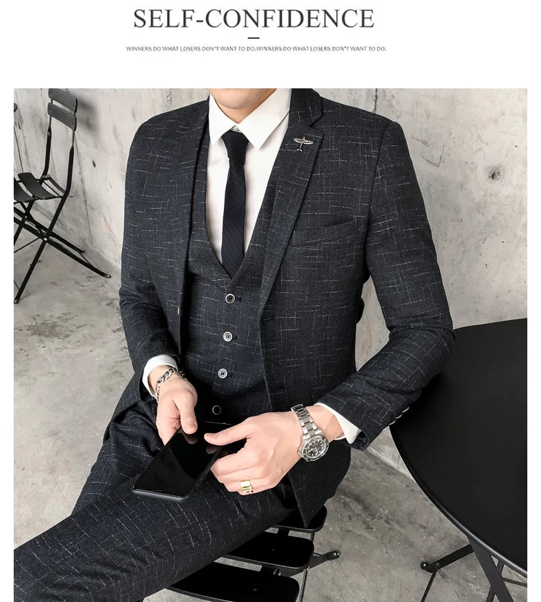Men's Business Fitted Two-Button Suit Set Fashionable Versatile Trendy Three-Piece Ensemble for Groom Best Man Banquet Dress