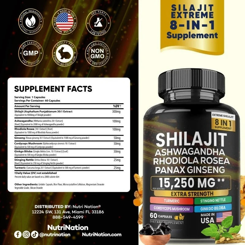 8 in 1 Shilajit Soft Capsules Supplement Natural Mineral Resin Like Substance Nourishing Agent Resist Oxidation Enhance Immunity