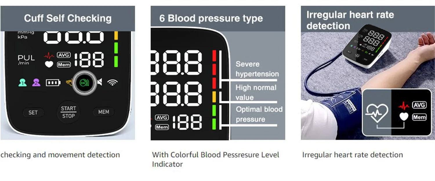 Kingclinic LED Backlit Screen Automatic Upper Arm BP Monitor Electronic Blood Pressure Machine 2X120 Groups Adjustable BP Cuff