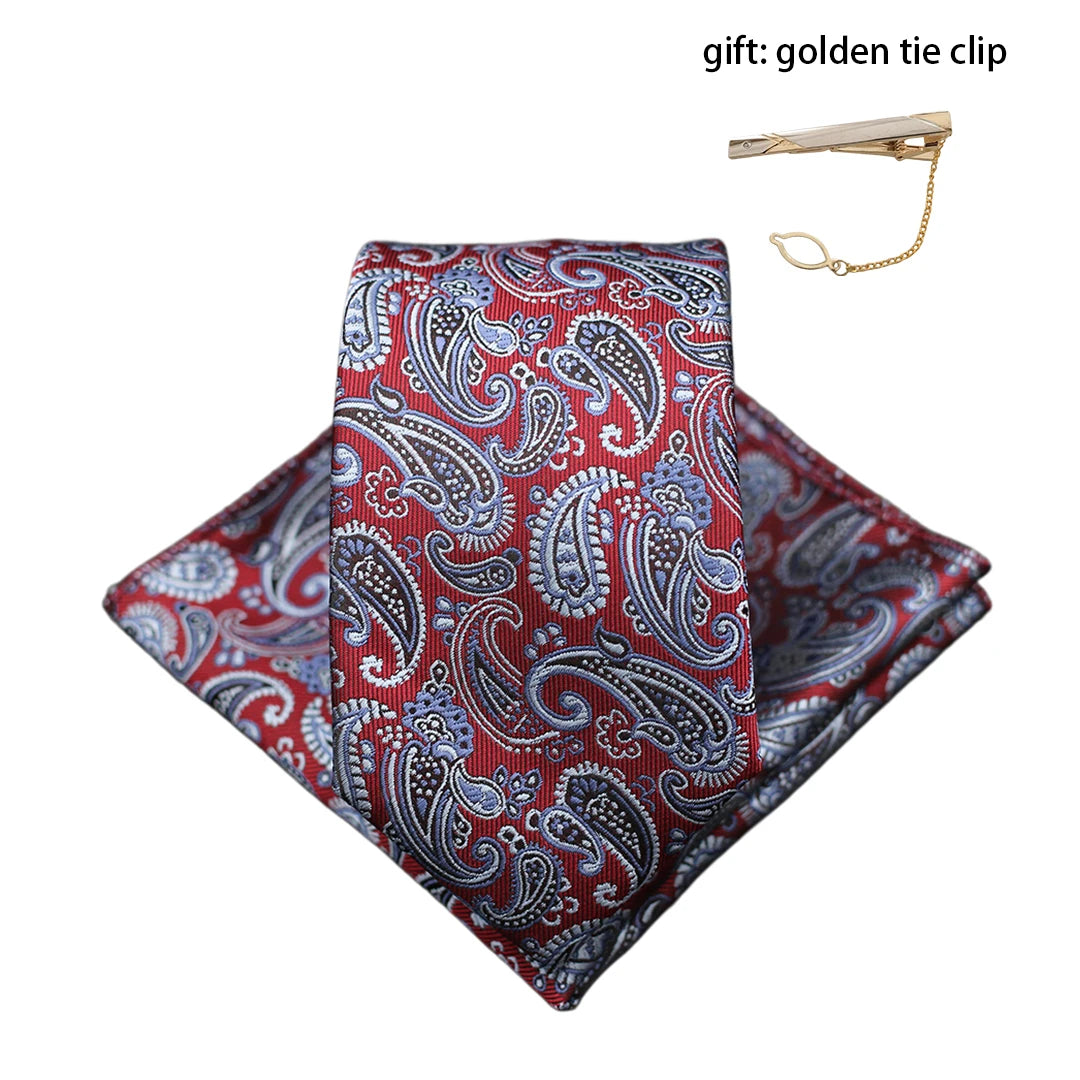 Mens Gift Tie Set Exquisite Red Jacquard Wine Burgundy Paisley Wedding Tie For Men Fashion Design Quality Hanky Dropshipping