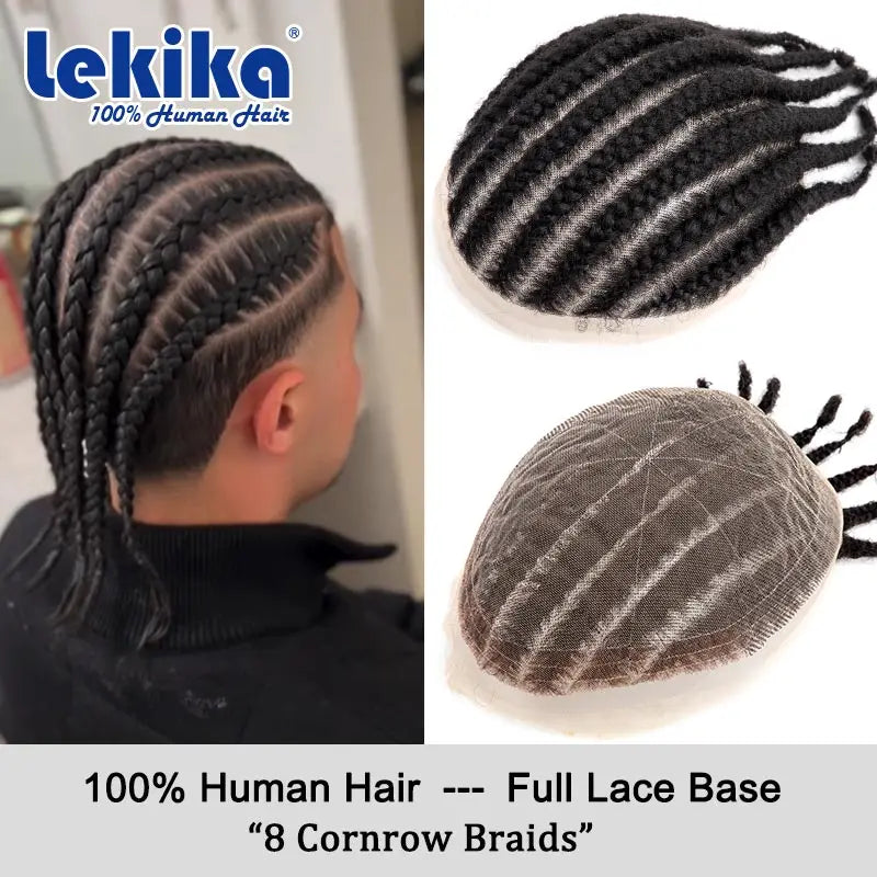 8 Cornrow Braids Hair Prosthesis For Men Durable Hair System For Man Afro 100% Human Hair Hair Prosthesis For Men Black Toupee