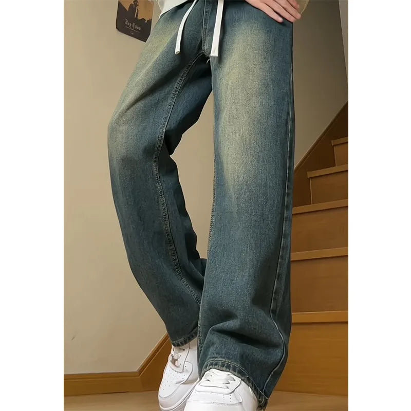 Mens Jeans Man Pants Vintage American Washed Distressed Loose Fit Casual Denim Trousers For Men