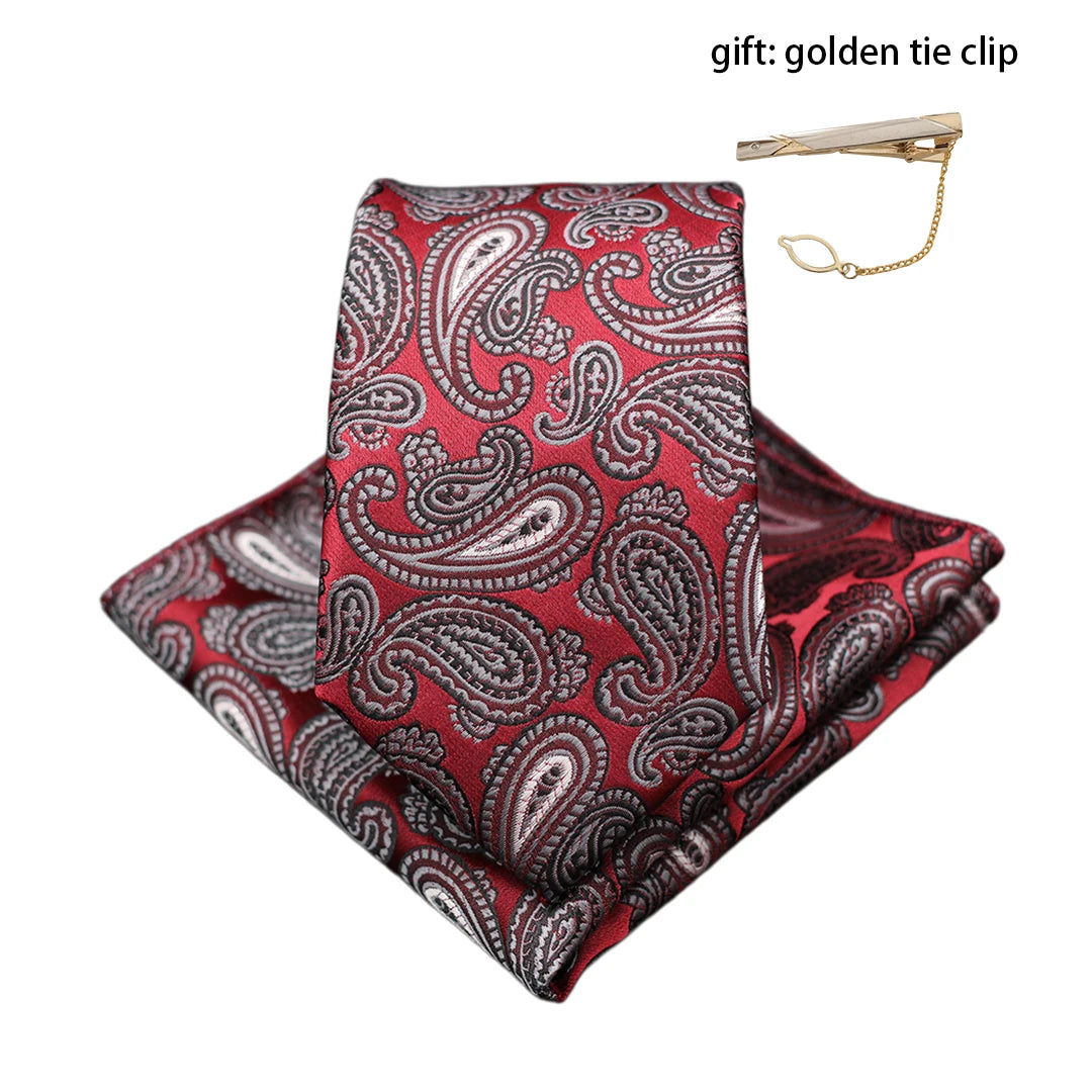 Mens Gift Tie Set Exquisite Red Jacquard Wine Burgundy Paisley Wedding Tie For Men Fashion Design Quality Hanky Dropshipping