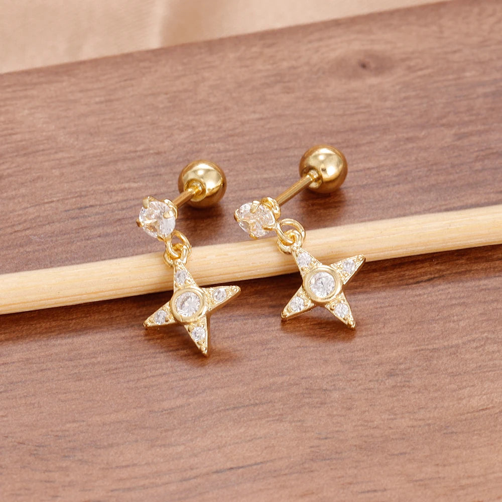 Luxury Stainless Steel Star Dangle Earrings For Women Sparkling Zircons Geometric Ear Piercing Earring Fashion Jewelry aretes