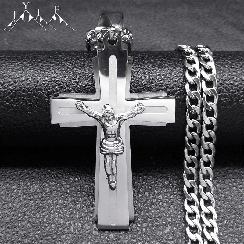 Jesus Cross Necklace Women Stainless Steel Chain for Men Silver Color Crucifix Religious Necklaces Jewelry Cruz collar N2343S05