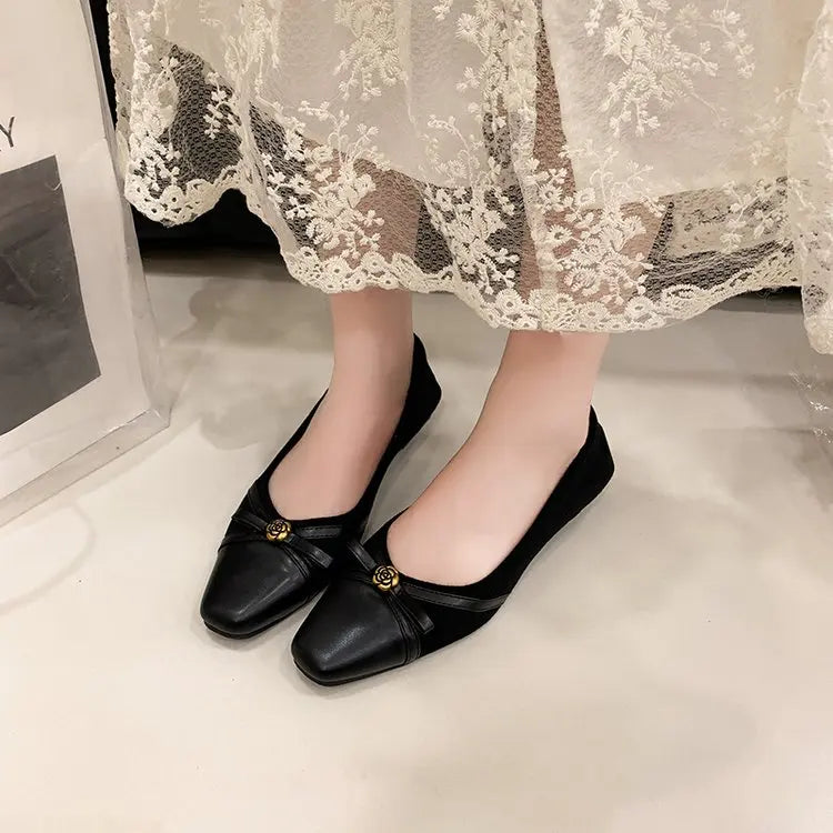 Women's Dance Shoes, Lightweight Breathable Square Toe Bow Flats, PU Leather Office Dress Shoes for Banquet, Date & Party