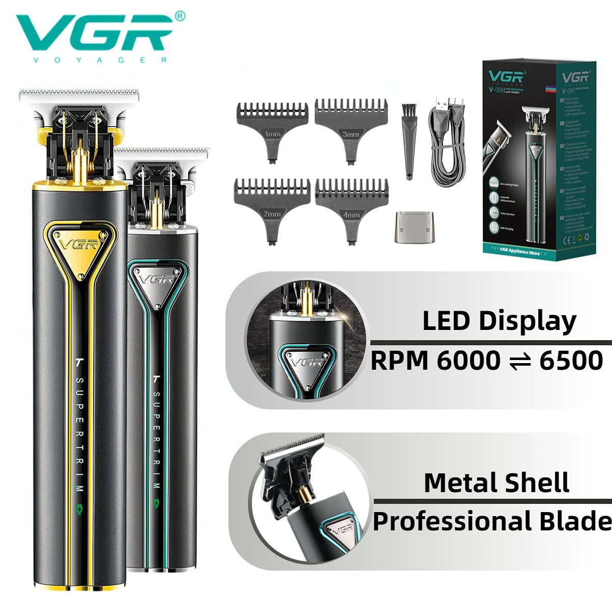 VGR Hair Clipper T9 Hair Trimmer Professional Hair Cutting Machine Metal Wireless Electric Rechargeable Clippers for Men V-009