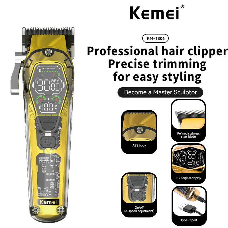 Kemei KM-1806 transparent body professional hair clipper three-speed adjustable speed rechargeable men's hair clipper
