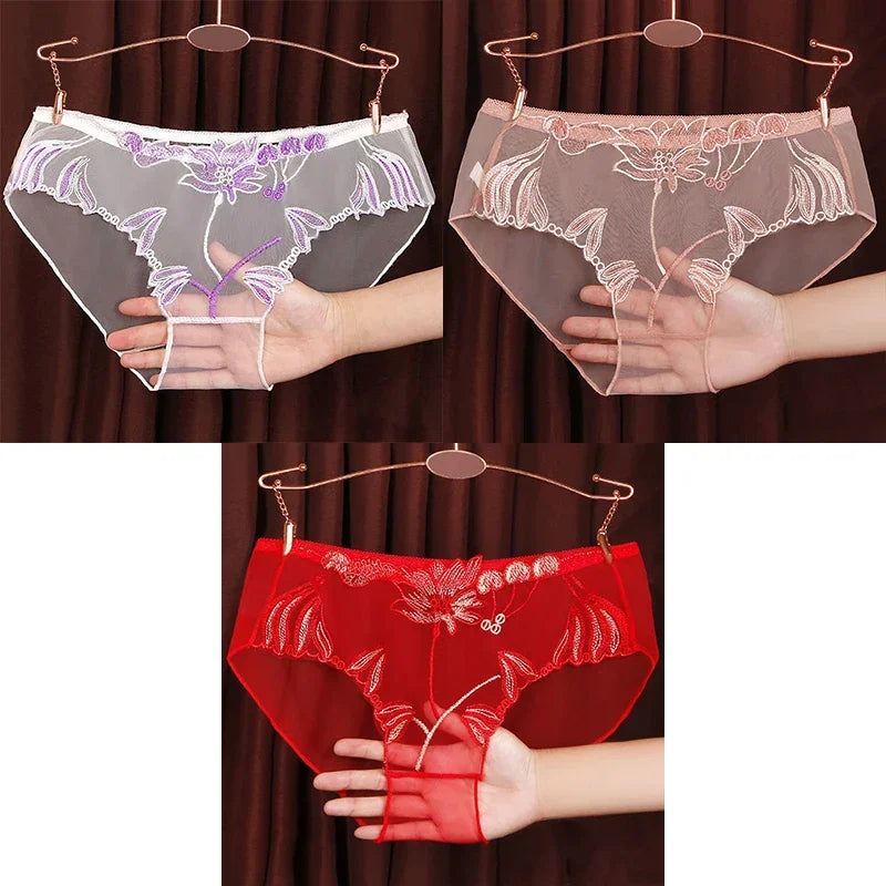 3PCS Solid Full Mesh Sexy Briefs Embroidered Floral Transparent Panties Plus Size Seamless Underwear Low Waist Erotic Lingerie