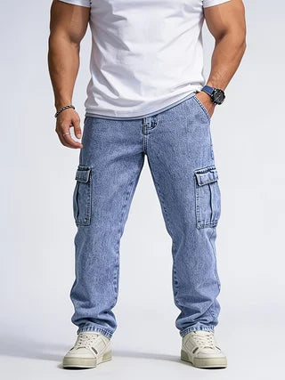 Men's Classic Multi-Pocket Jeans - Casual Street Style Regular Fit, Machine Washable, All-Season Wear, Light Blue Jeans