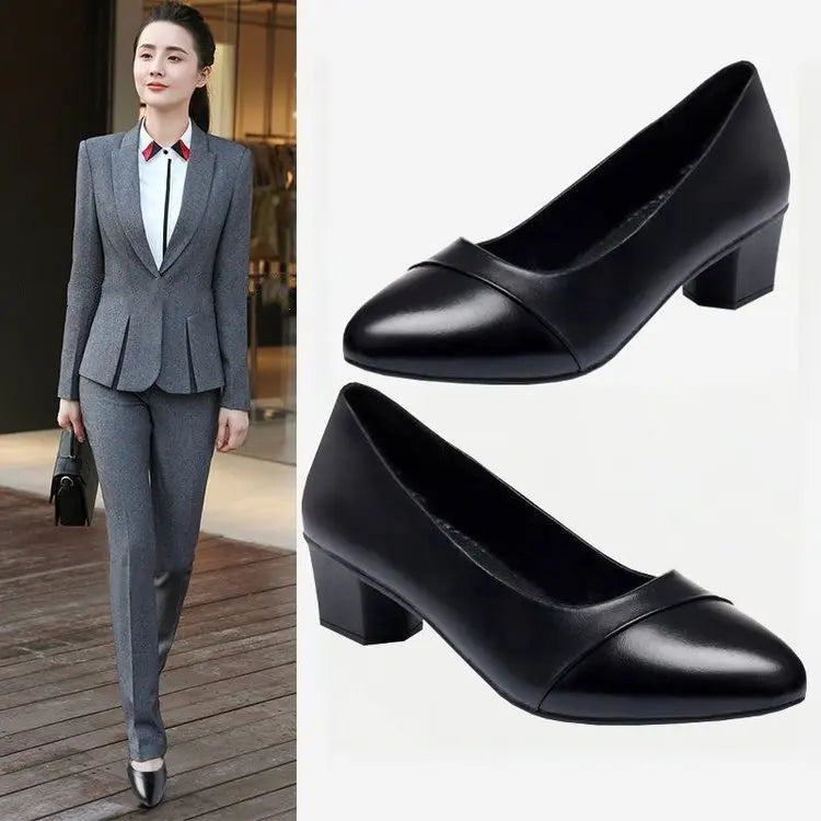 Women Shallow Mouth Mid Heel Shoes 3-5cm Square Heel Low Top Pointed Toe PU Leather Rubber Sole Comfort Casual Office Dress Wear