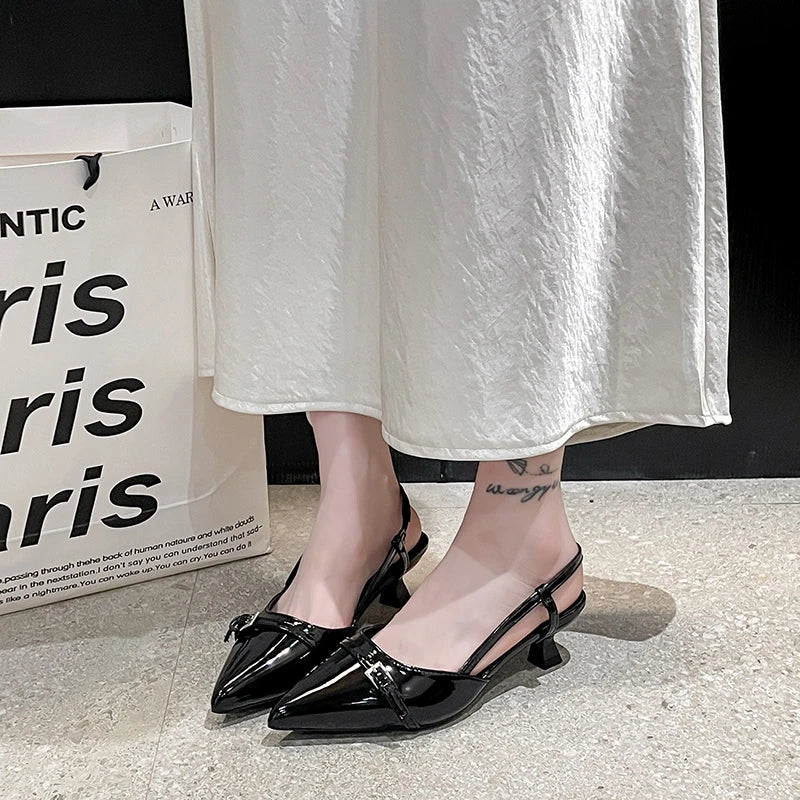 2026 New Summer Women's Dress Shoes Patent Leather Slip on Pointed Toe Sandals Buckle Slingbacks Mid Heels Pumps Sandalias Mujer