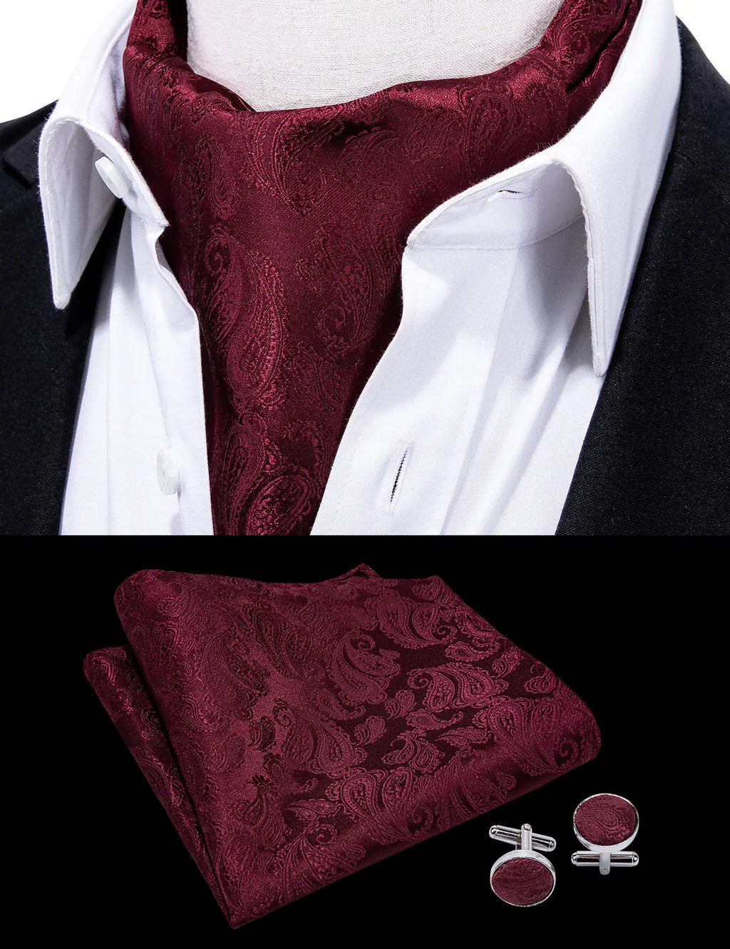 Hi-Tie Mens Ascot Black Pink Blue Red Gold Green Purple White Cravat Tie Hanky Cufflinks for Male Wedding Business Prom