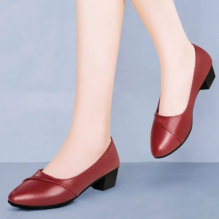Women Shallow Mouth Mid Heel Shoes 3-5cm Square Heel Low Top Pointed Toe PU Leather Rubber Sole Comfort Casual Office Dress Wear