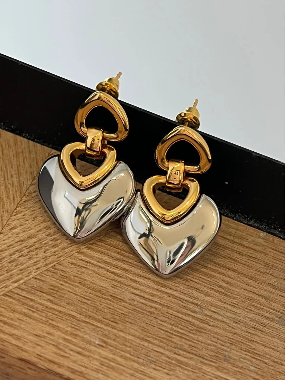 Brass Chunky 2 Tone Heart Drop Earrings Women Jewelry Punk Party T Show Gown Runway Korean Japan INS
