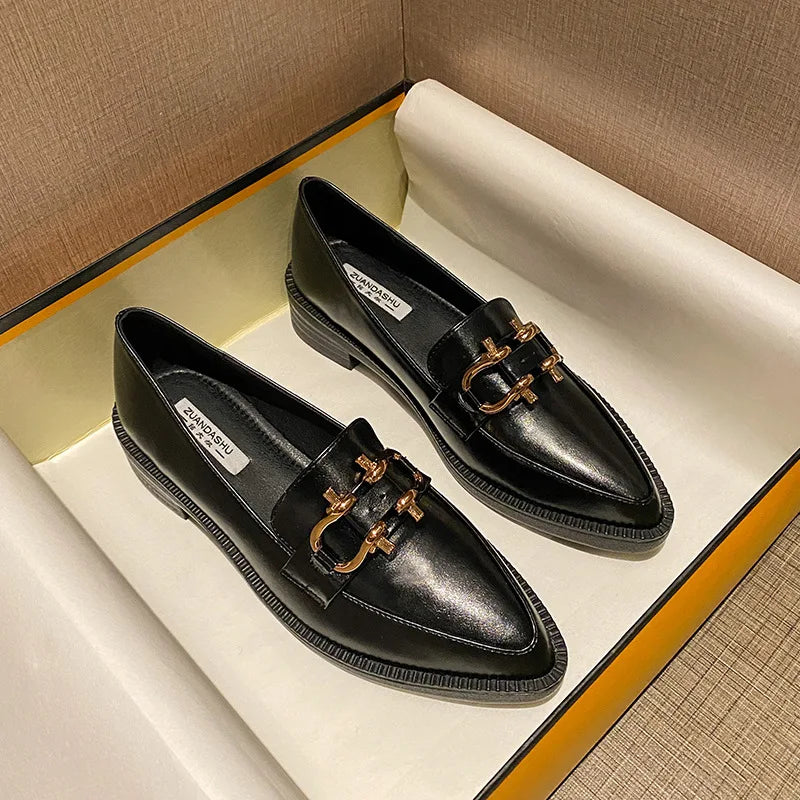 New Women Pointed Toe Leather Casual Shoes British Style Dress Shoes Fashion Cool Slip-on Loafers