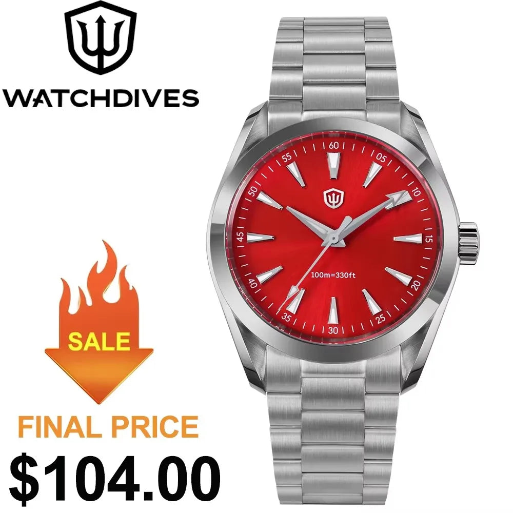 Watchdives WD0006 Watch VH31 Sweep Second Movement Domed Sapphire Crystal BGW9 Luminous 10Bar Waterproof 38mm Vintage Watches