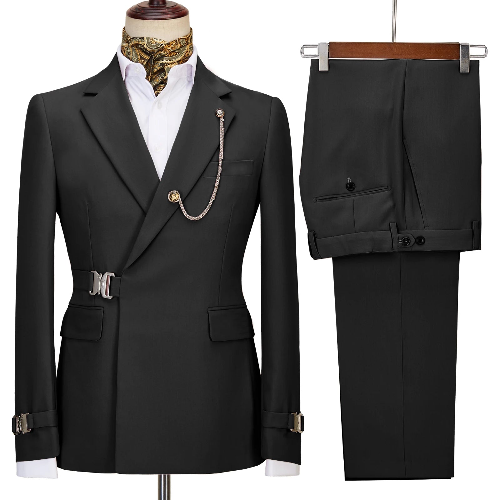 Elegant Men's Suit 2 Pieces Fashion Metal Buckle Jacket Boutique Business Casual Suit Coat Groom Wedding Dress (Blazers+Pants)