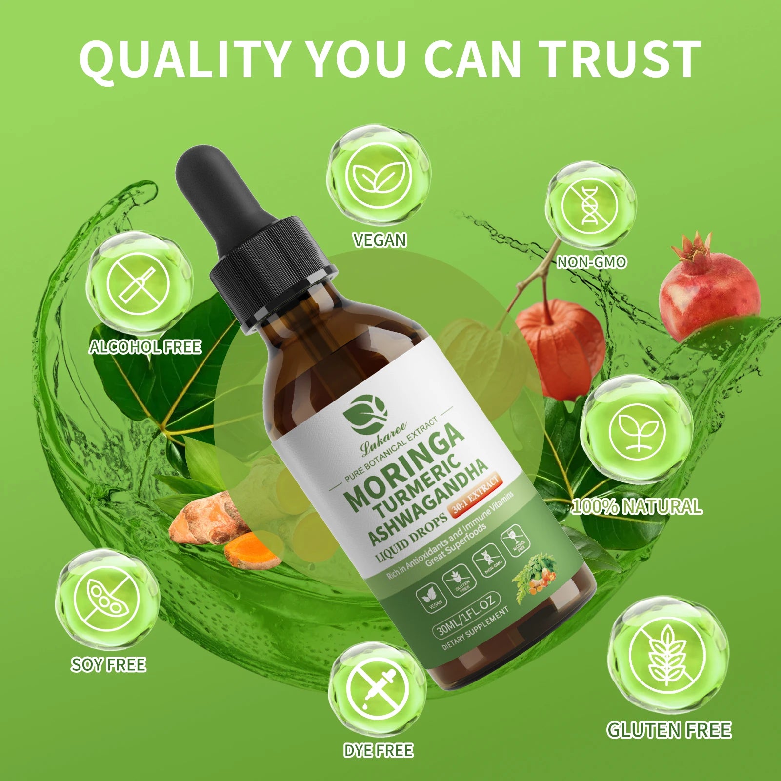 12-in-1 Organic Moringa Drops with Ashwagandha Turmeric Quercetin for Energy Immune Joint Digestive Metabolism, Vegan Non-GMO